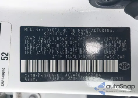 2020 Toyota Camry Se из США, поврежденный, VIN 4T1M11AK6LU502735